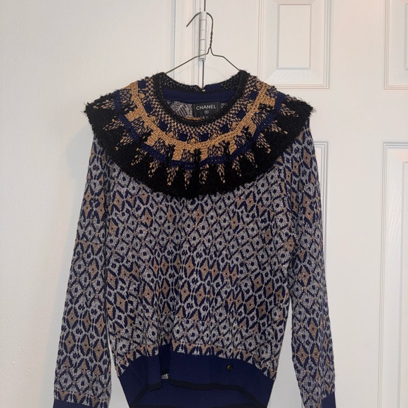 CHANEL Sweaters - Chanel Women's Sweater with Blue and Gold Geometric Design